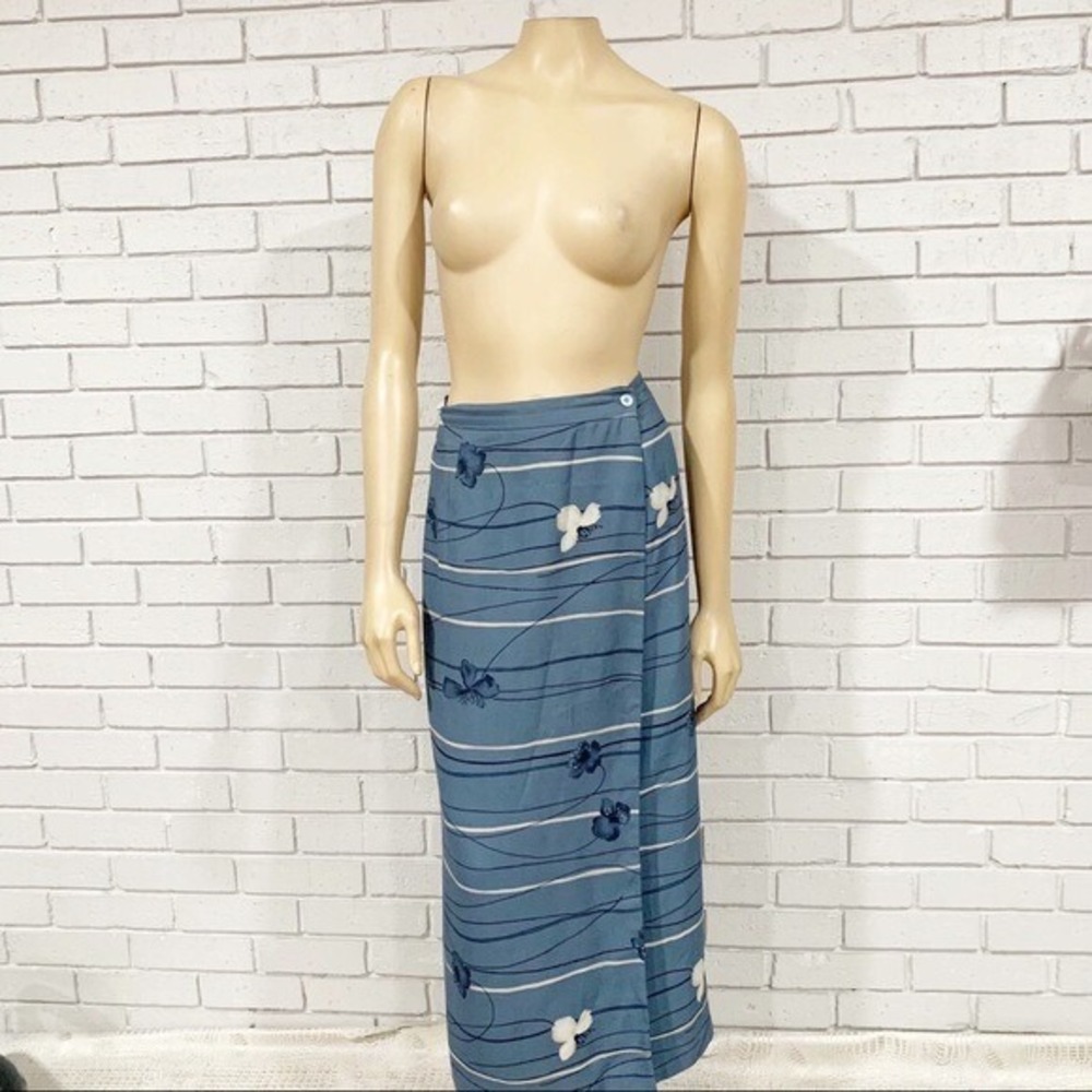 Chaus Petite Vintage Blue Floral Striped Wrap Maxi Skirt Boho Garden Party 14P